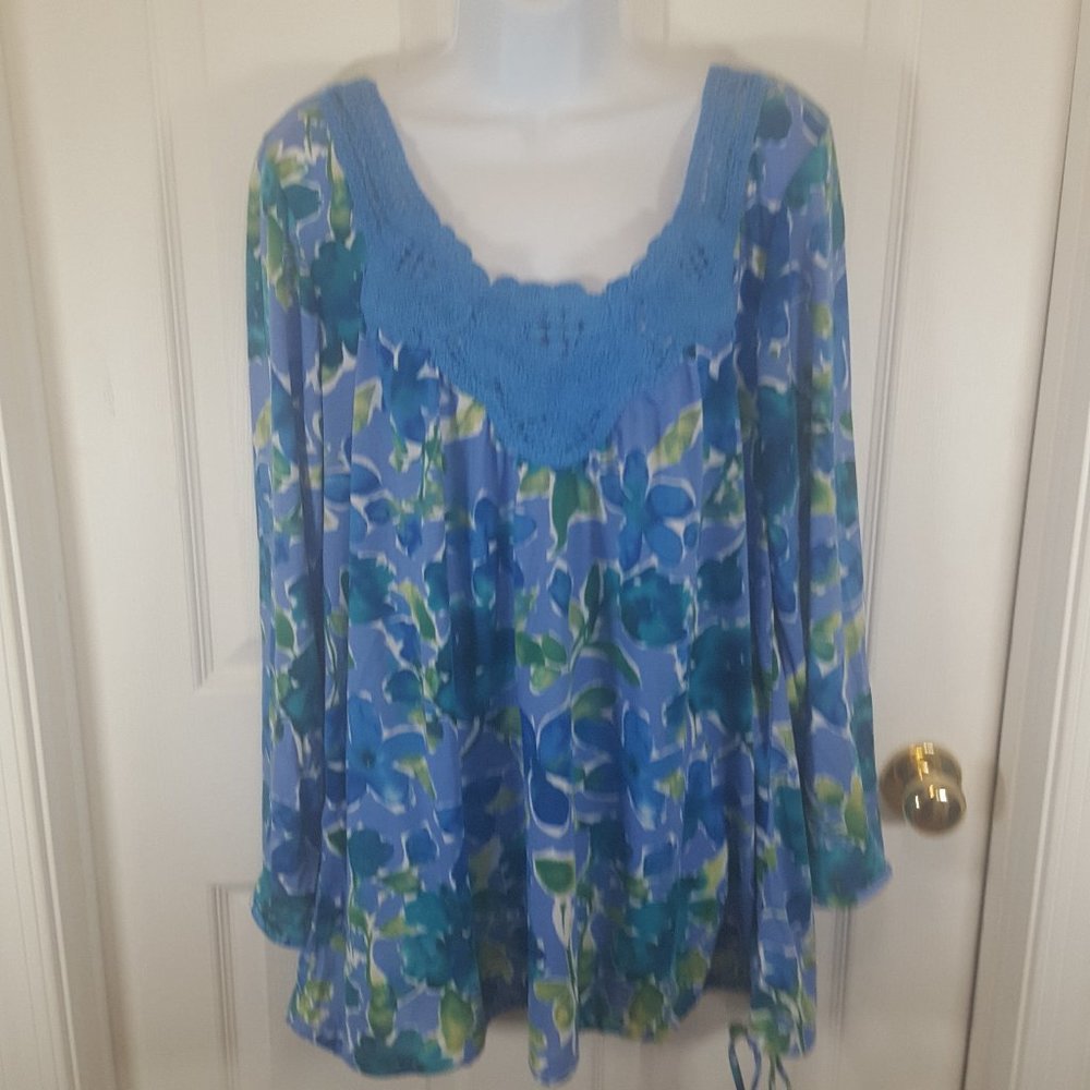 Silhousettes Blouse Blue Purple & Green Floral XL